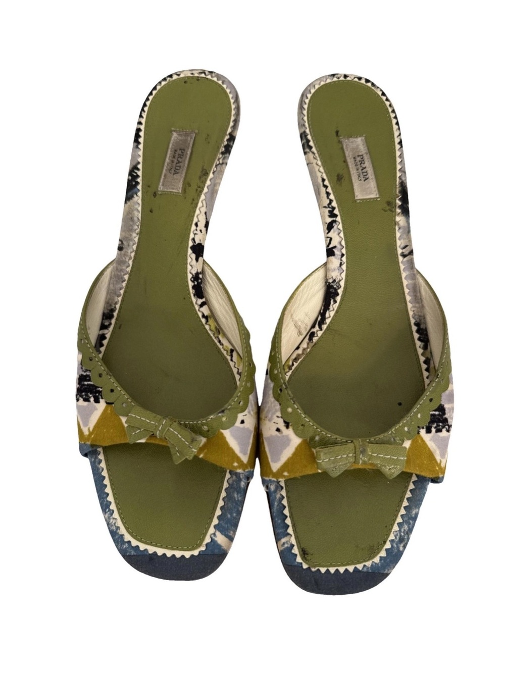 Prada Vintage Green Silk Abstract Kitten Heel Sandal Open Toe Y2K EU 39.5 Shoes